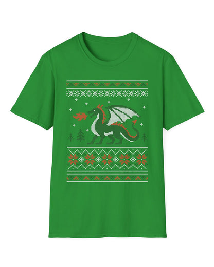 Dragon Christmas Sweater shirt in Irish green featuring a green dragon and red, green, and white knit holiday patterns