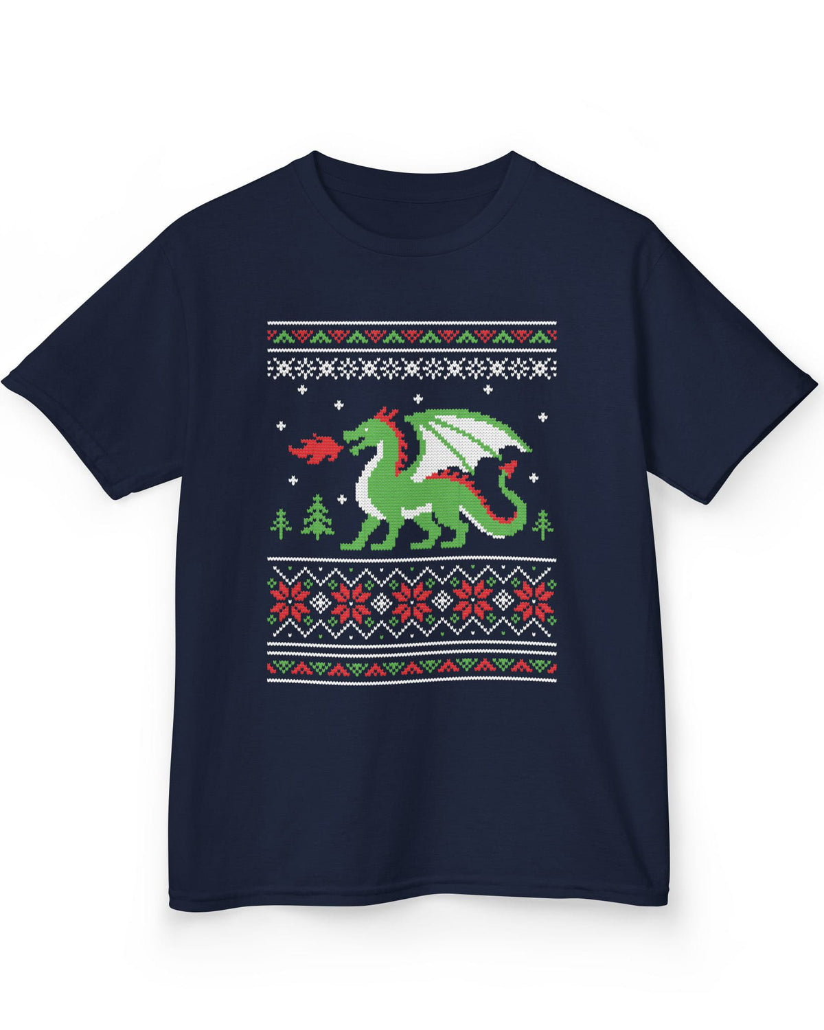 Dragon Christmas Sweater shirt in navy featuring a green dragon and red, green, and white knit holiday patterns