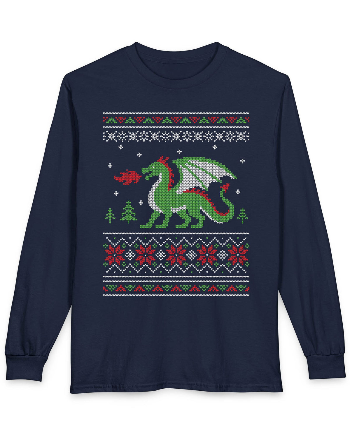 Dragon Christmas Sweater shirt in navy featuring a green dragon and red, green, and white knit holiday patterns