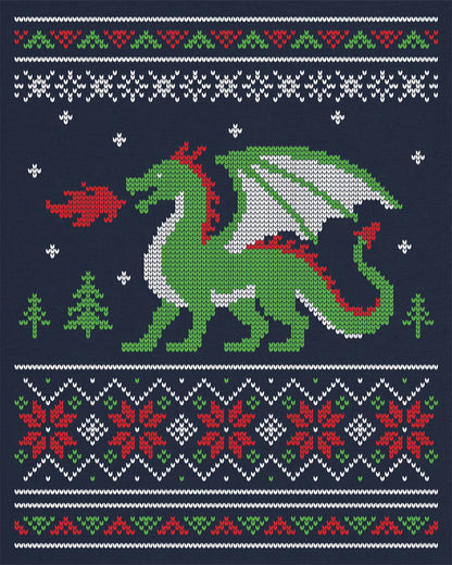 Dragon Christmas Sweater shirt in navy featuring a green dragon and red, green, and white knit holiday patterns