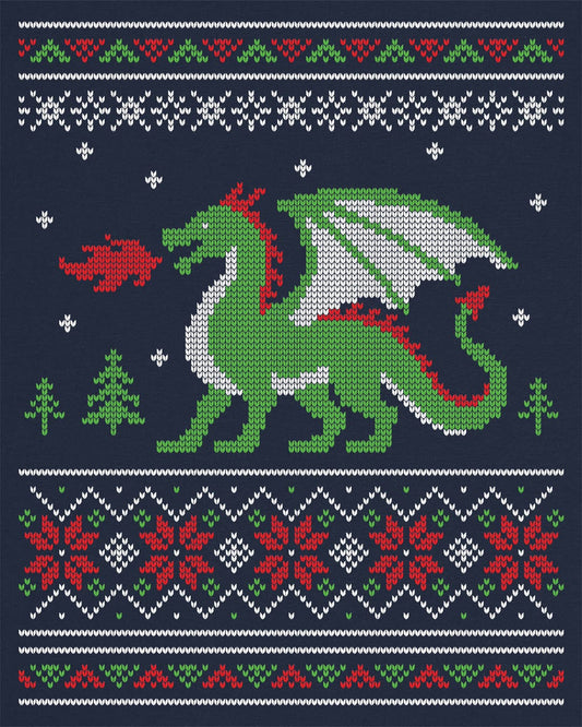 Dragon Christmas Sweater shirt in navy featuring a green dragon and red, green, and white knit holiday patterns