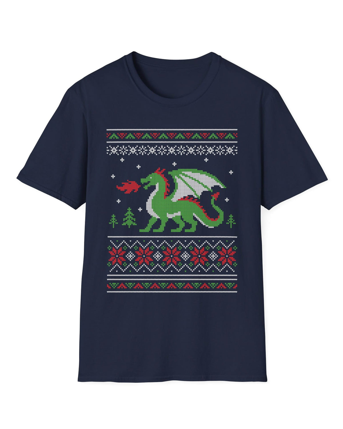 Dragon Christmas Sweater shirt in navy featuring a green dragon and red, green, and white knit holiday patterns