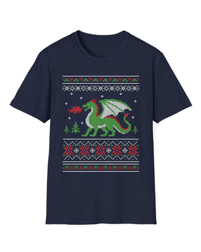 Dragon Christmas Sweater shirt in navy featuring a green dragon and red, green, and white knit holiday patterns