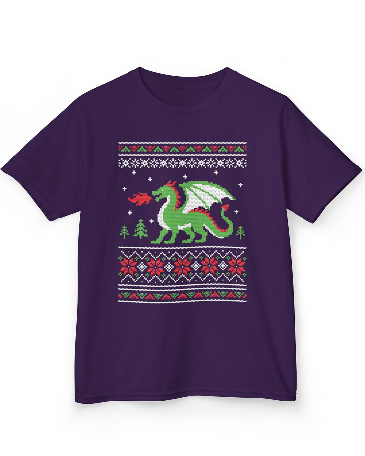 Dragon Christmas Sweater shirt in purple featuring a green dragon and red, green, and white knit holiday patterns