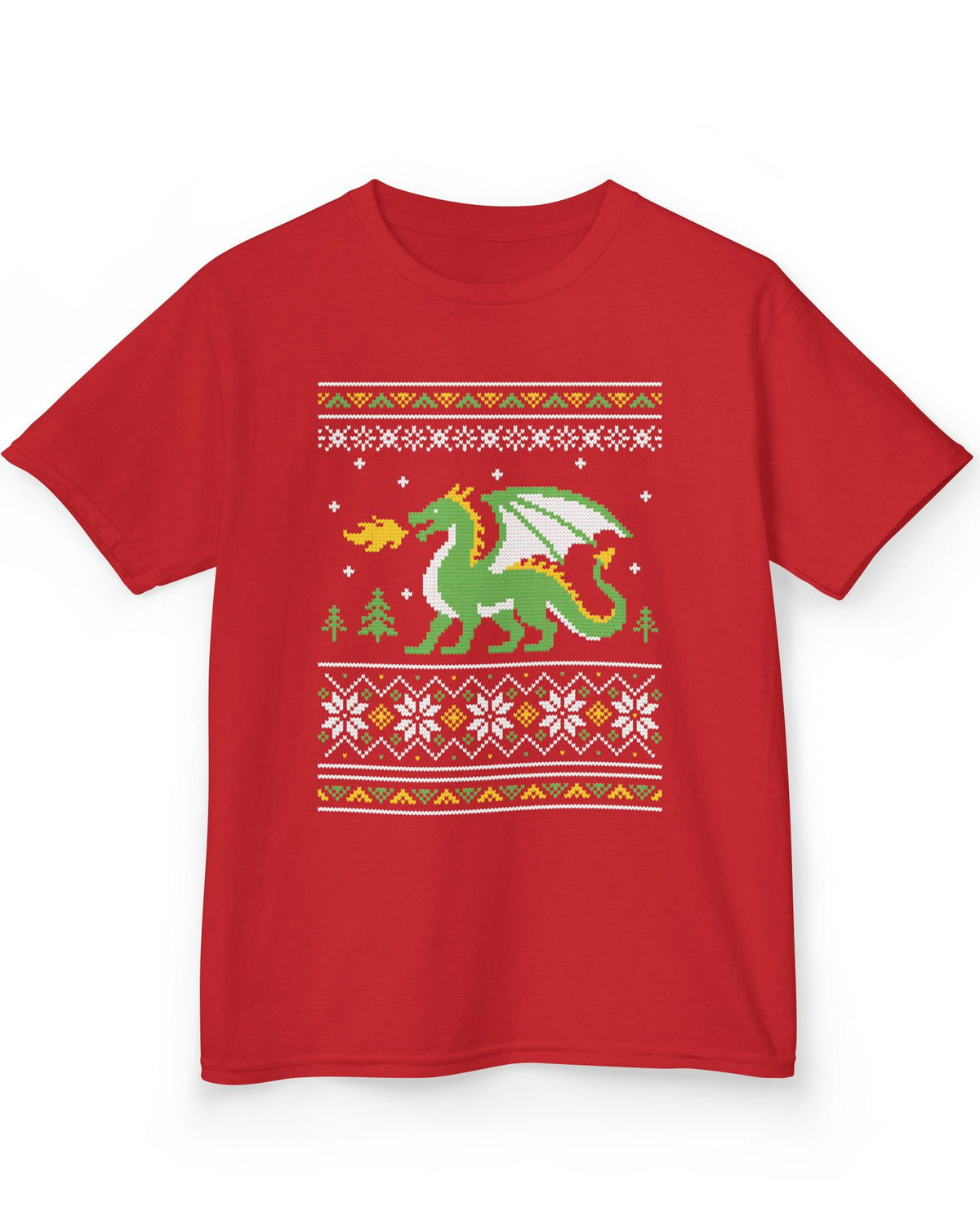 Dragon Christmas Sweater shirt in red featuring a green dragon and red, green, and white knit holiday patterns