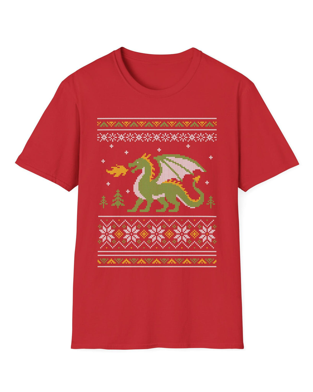 Dragon Christmas Sweater shirt in red featuring a green dragon and red, green, and white knit holiday patterns