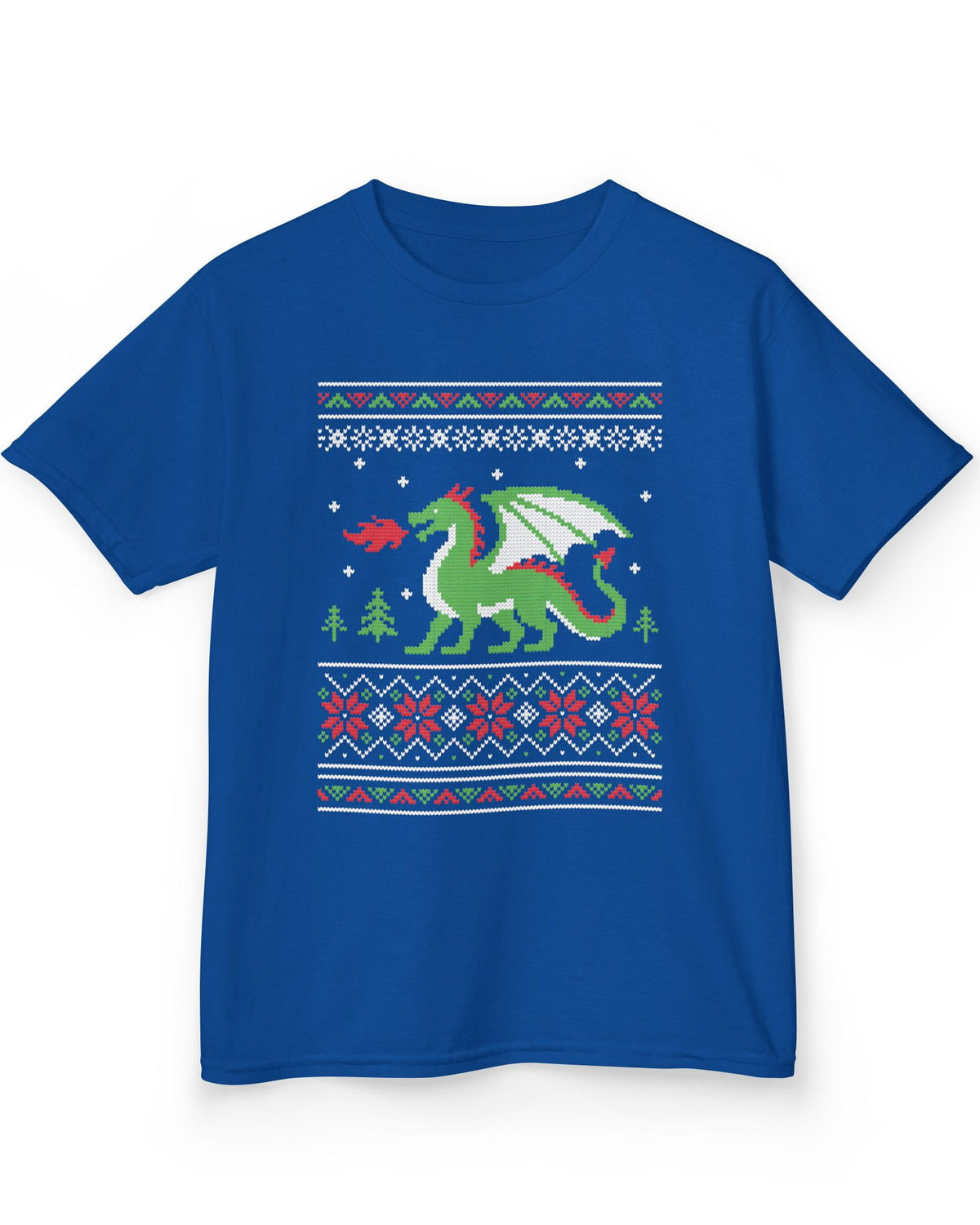 Dragon Christmas Sweater shirt in royal blue featuring a green dragon and red, green, and white knit holiday patterns