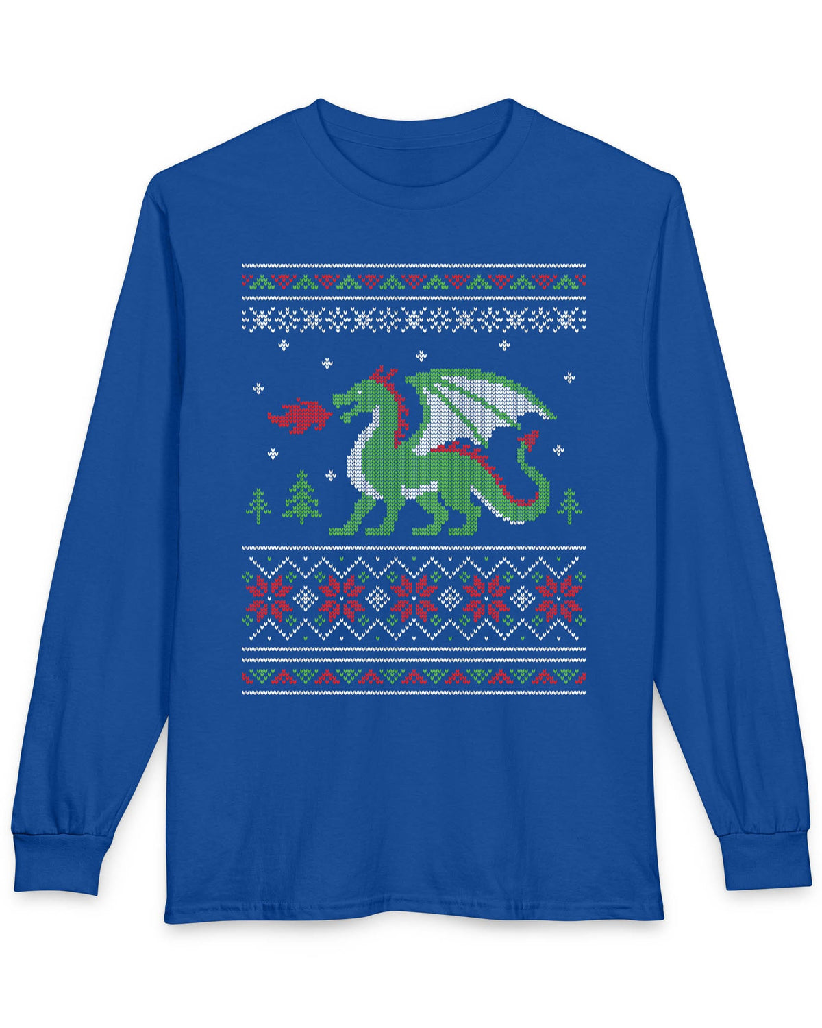 Dragon Christmas Sweater shirt in royal blue featuring a green dragon and red, green, and white knit holiday patterns