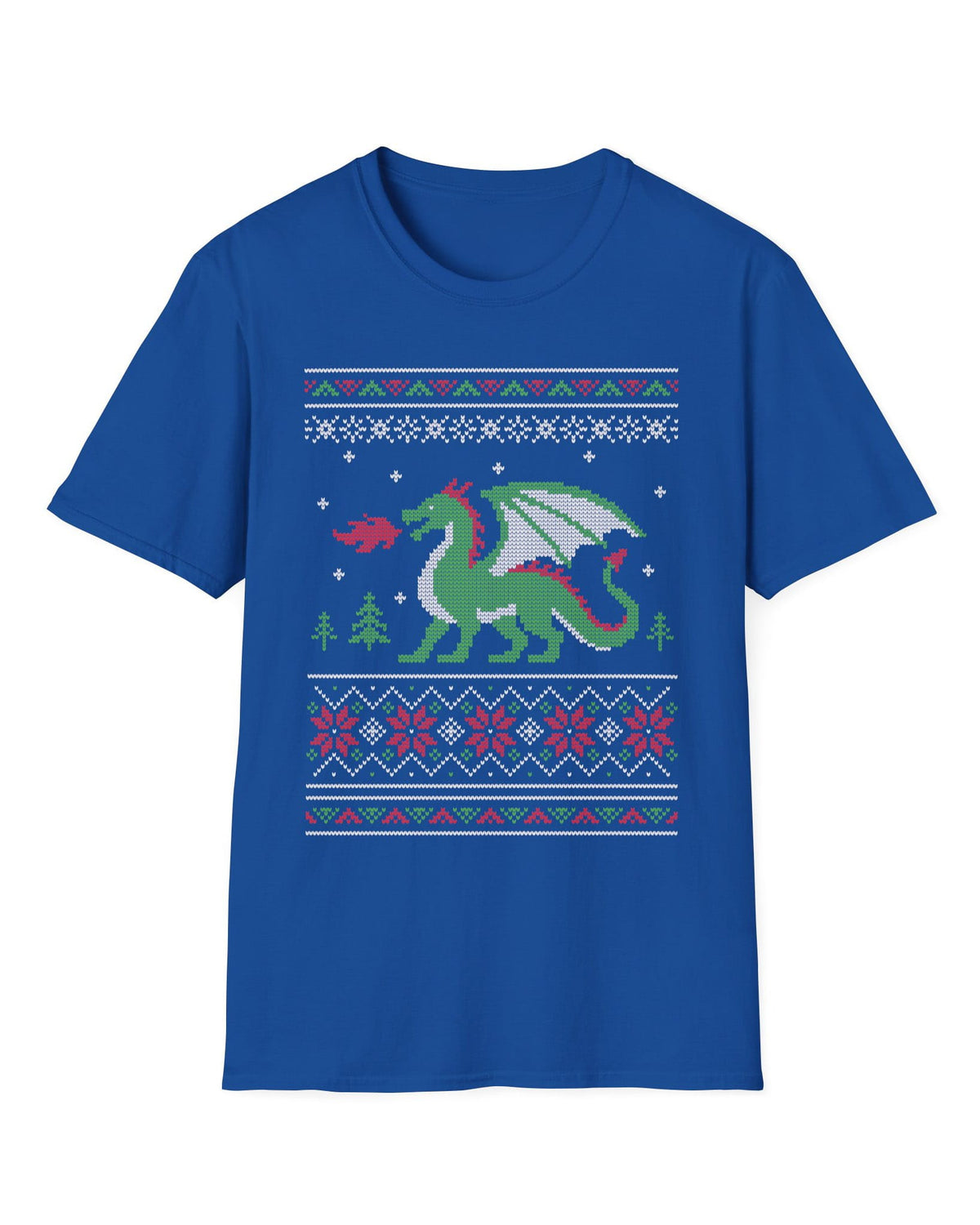 Dragon Christmas Sweater shirt in royal blue featuring a green dragon and red, green, and white knit holiday patterns