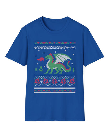 Dragon Christmas Sweater shirt in royal blue featuring a green dragon and red, green, and white knit holiday patterns