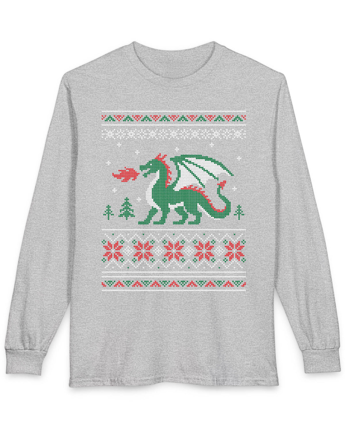 Dragon Christmas Sweater shirt in sport grey featuring a green dragon and red, green, and white knit holiday patterns