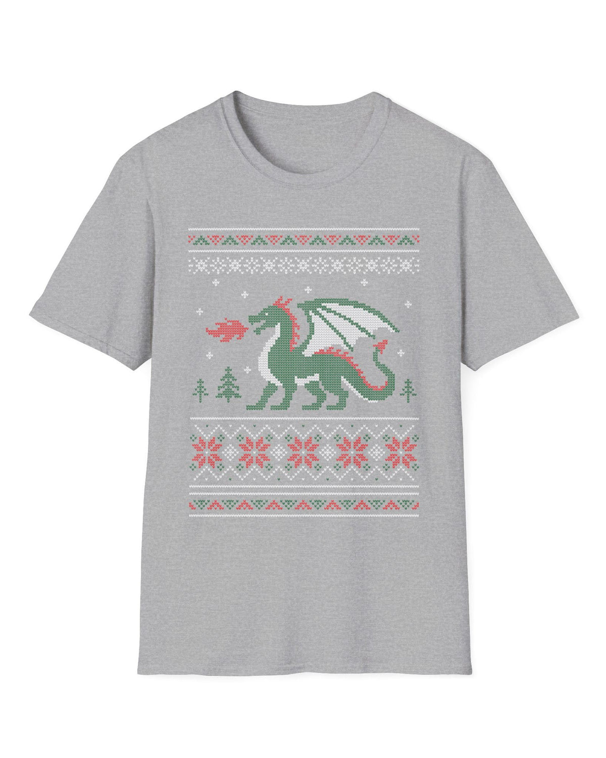 Dragon Christmas Sweater shirt in sport grey featuring a green dragon and red, green, and white knit holiday patterns