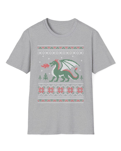 Dragon Christmas Sweater shirt in sport grey featuring a green dragon and red, green, and white knit holiday patterns