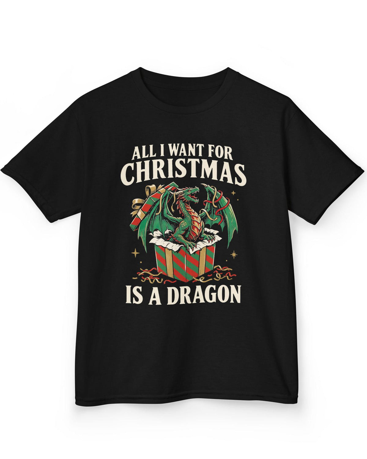 All I Want for Christmas shirt in black featuring a green dragon emerging from a red and green wrapped gift box