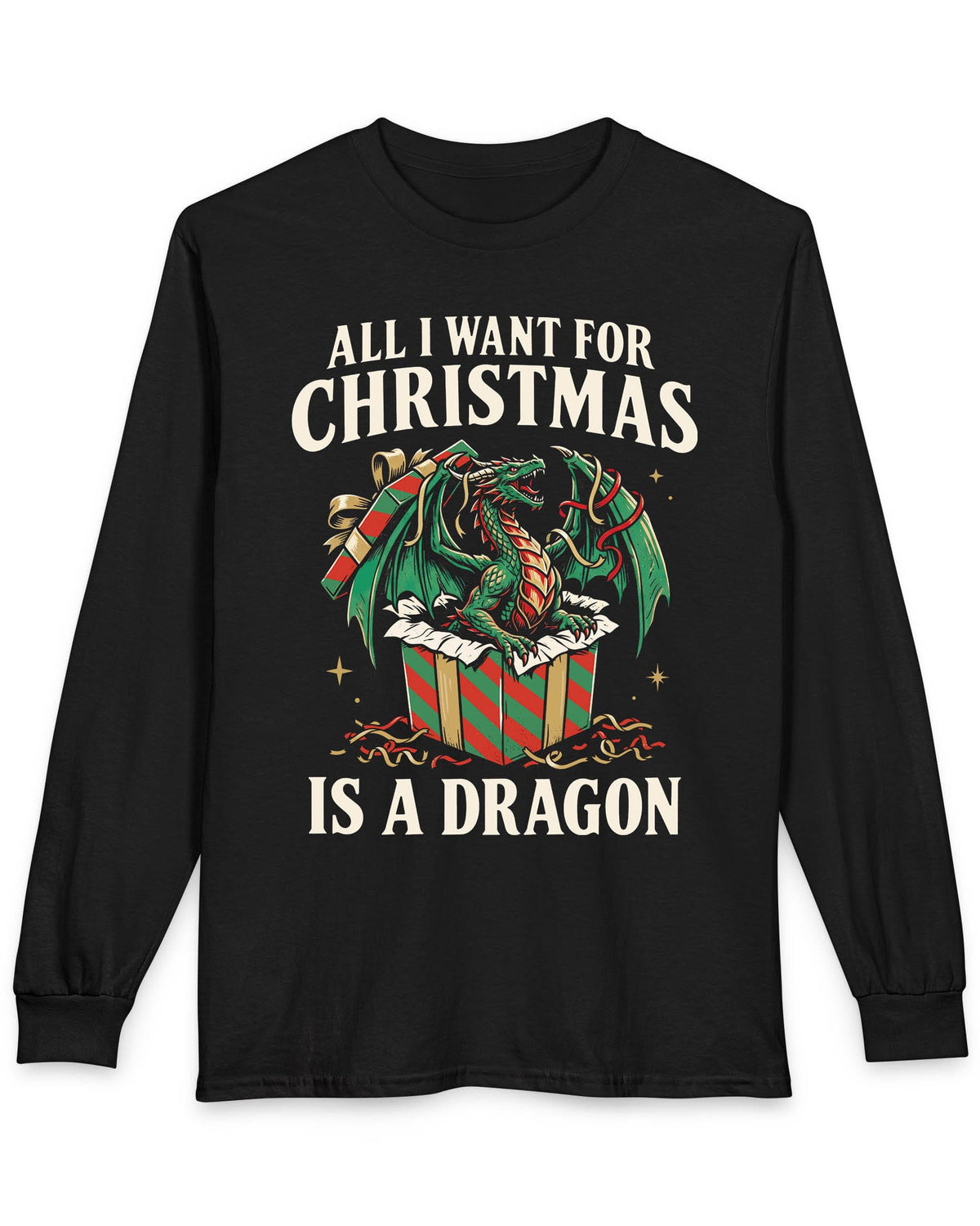 All I Want for Christmas shirt in black featuring a green dragon emerging from a red and green wrapped gift box