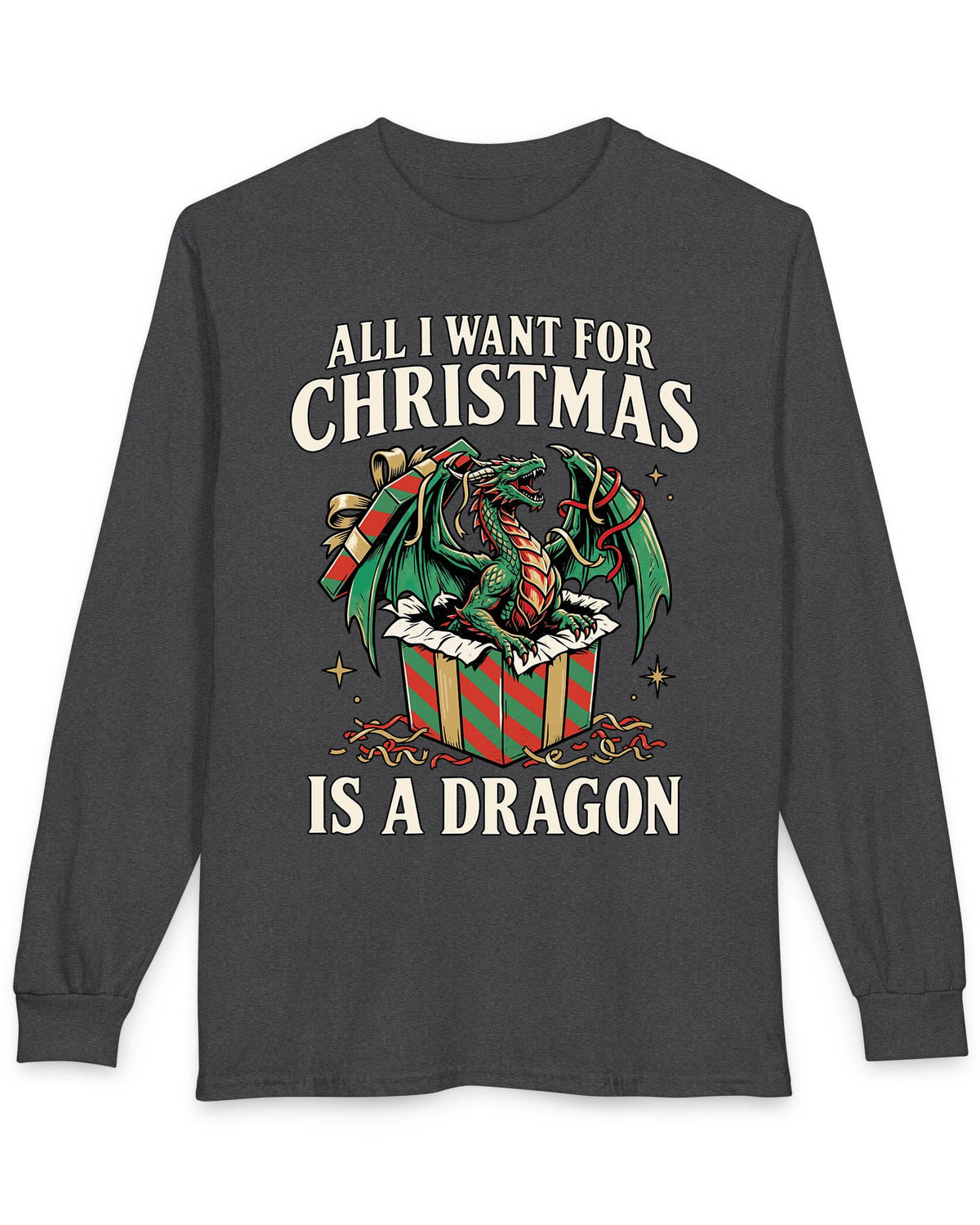 All I Want for Christmas shirt in dark heather featuring a green dragon emerging from a red and green wrapped gift box