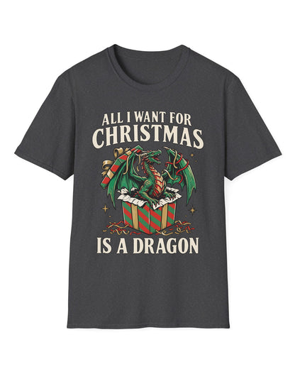 All I Want for Christmas shirt in dark heather featuring a green dragon emerging from a red and green wrapped gift box