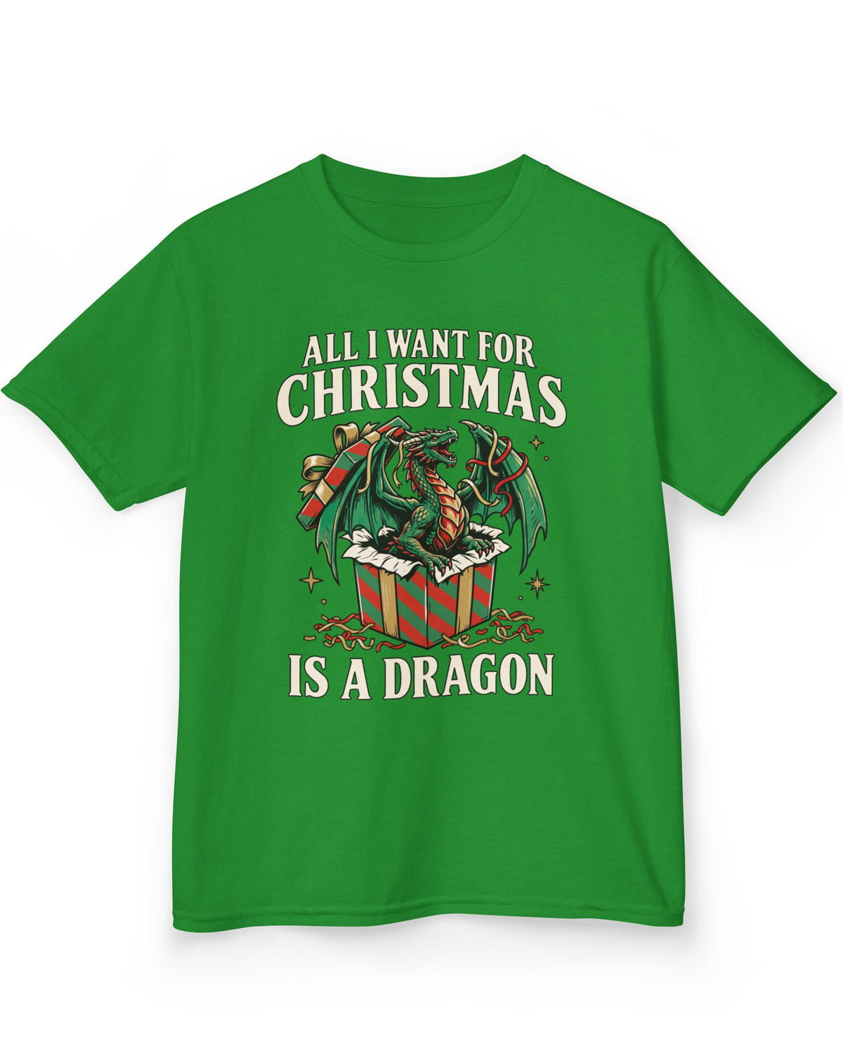 All I Want for Christmas shirt in Irish green featuring a green dragon emerging from a red and green wrapped gift box
