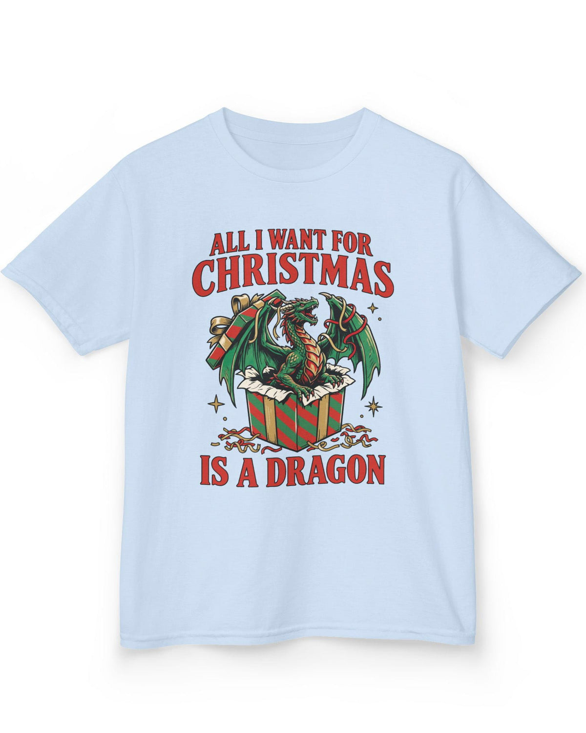 All I Want for Christmas shirt in light blue featuring a green dragon emerging from a red and green wrapped gift box
