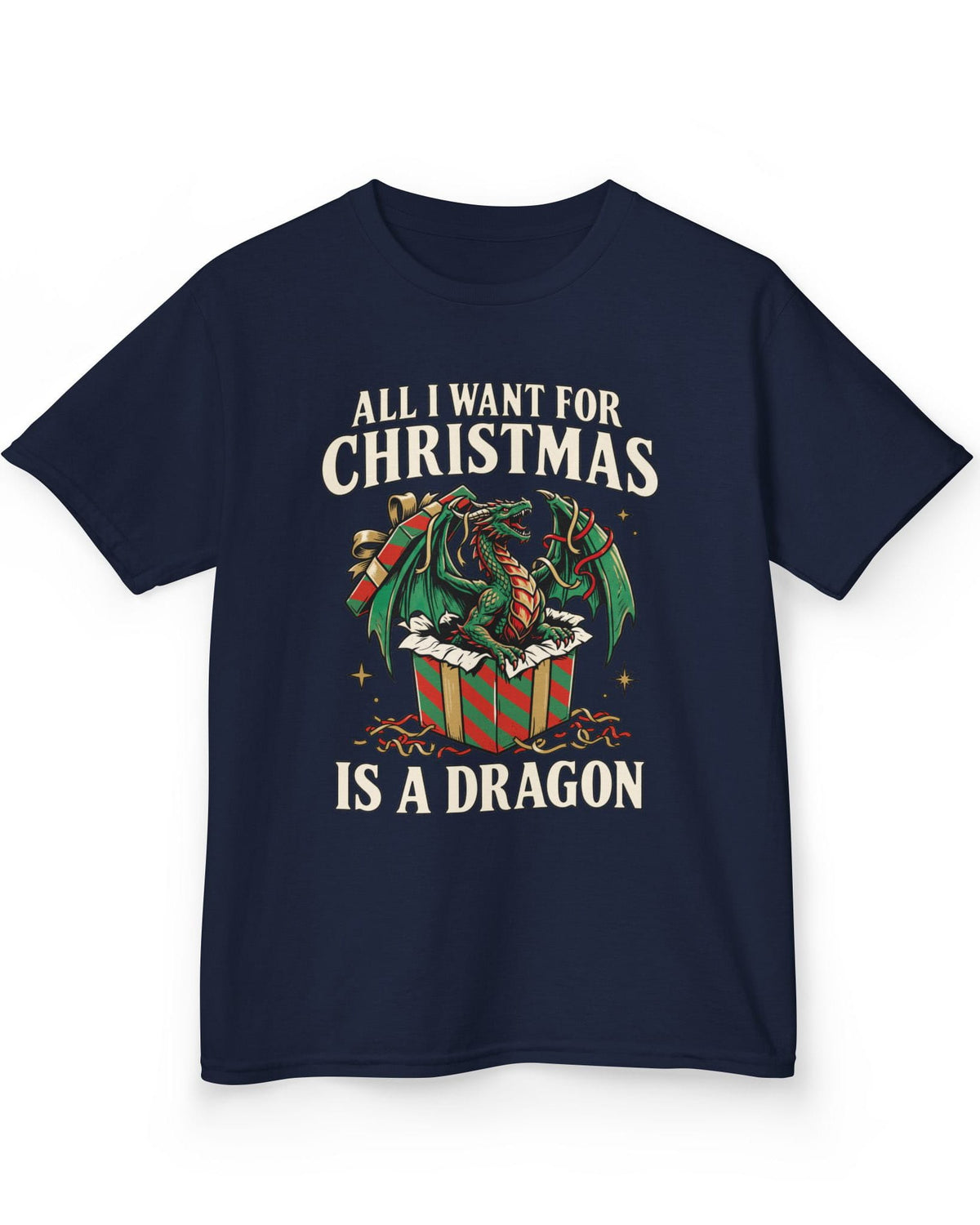 All I Want for Christmas shirt in navy featuring a green dragon emerging from a red and green wrapped gift box