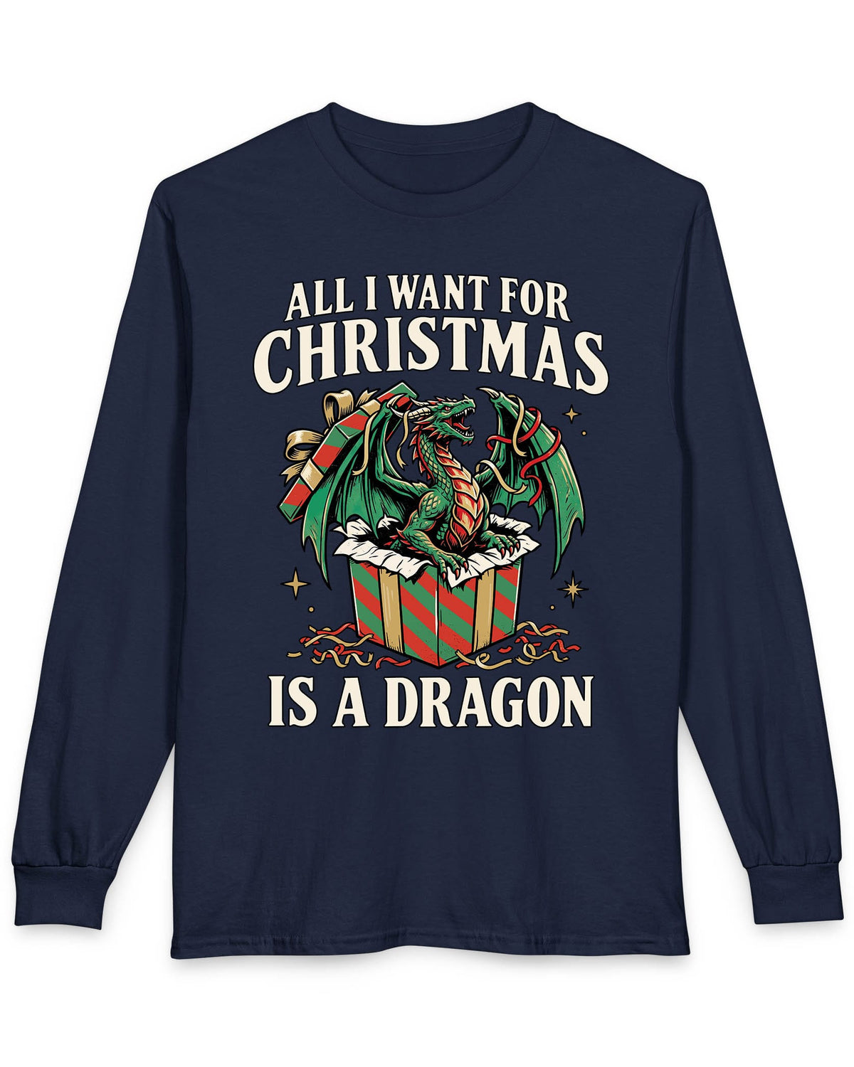 All I Want for Christmas shirt in navy featuring a green dragon emerging from a red and green wrapped gift box