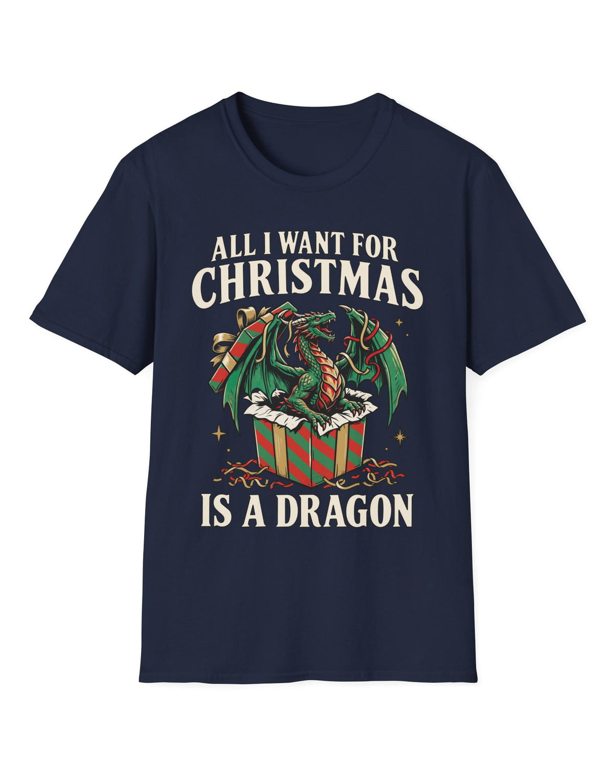 All I Want for Christmas shirt in navy featuring a green dragon emerging from a red and green wrapped gift box