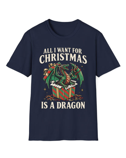 All I Want for Christmas shirt in navy featuring a green dragon emerging from a red and green wrapped gift box