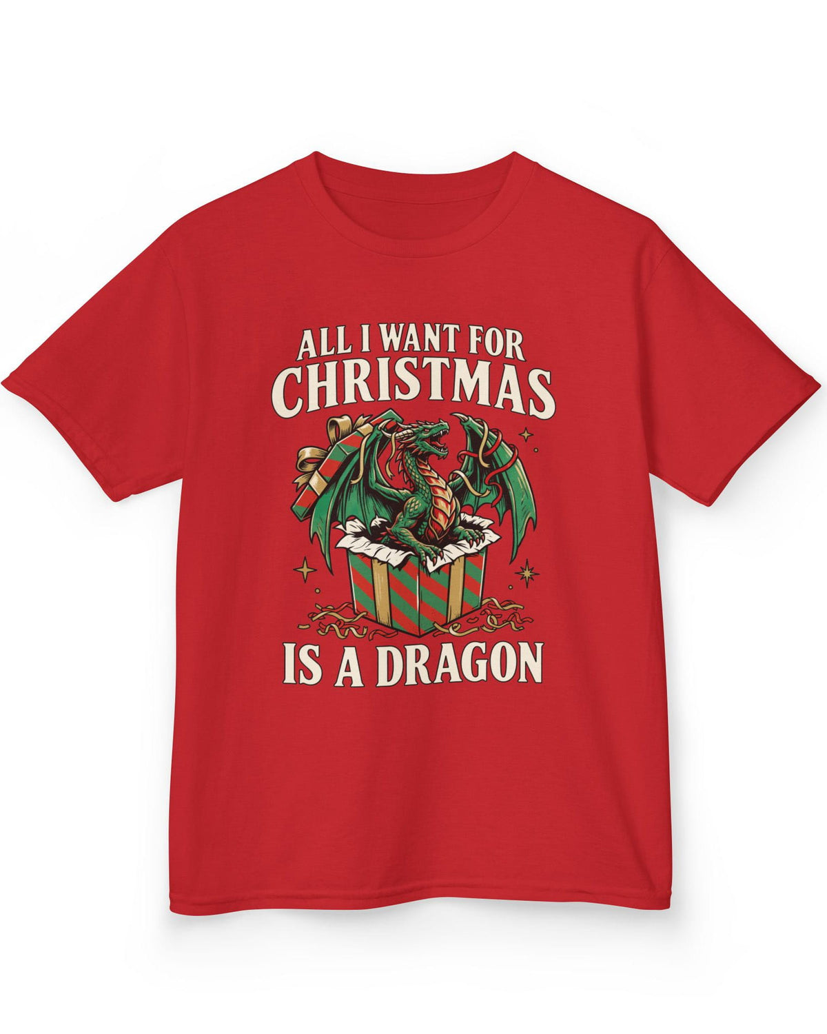 All I Want for Christmas shirt in red featuring a green dragon emerging from a red and green wrapped gift box
