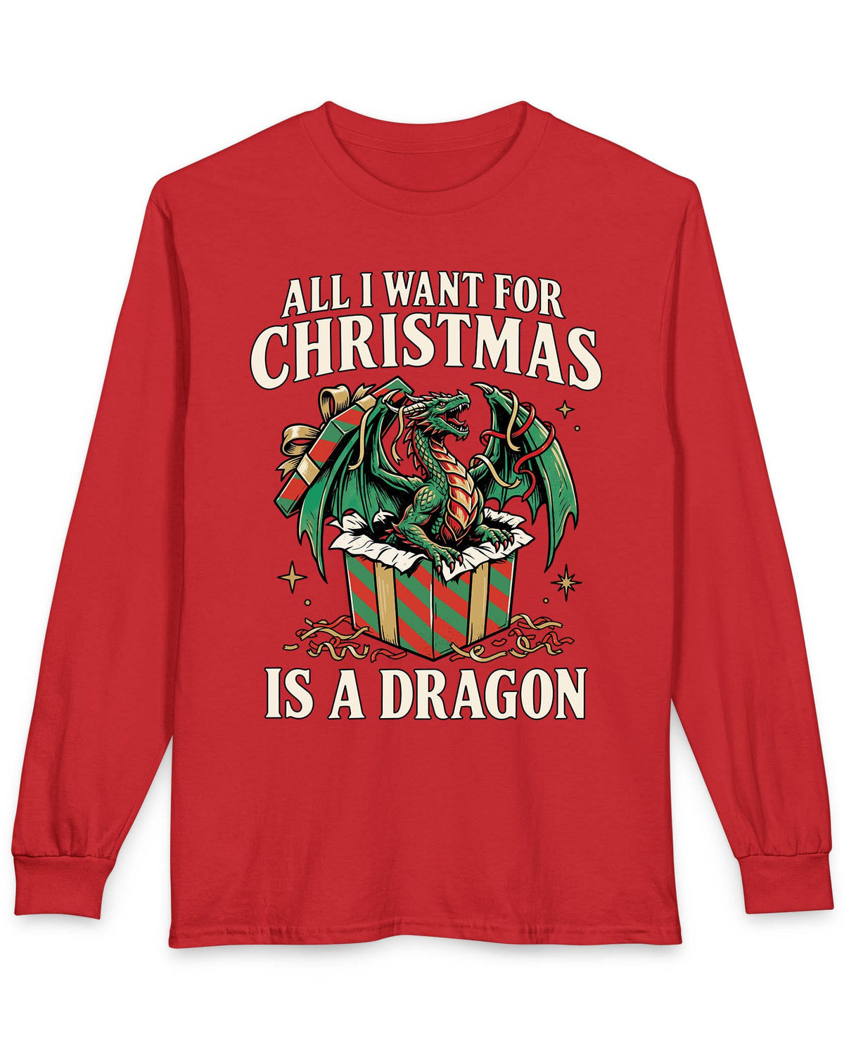 All I Want for Christmas shirt in red featuring a green dragon emerging from a red and green wrapped gift box