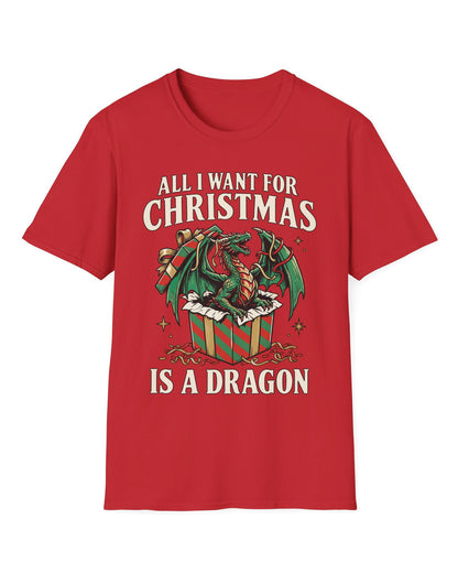 All I Want for Christmas shirt in red featuring a green dragon emerging from a red and green wrapped gift box