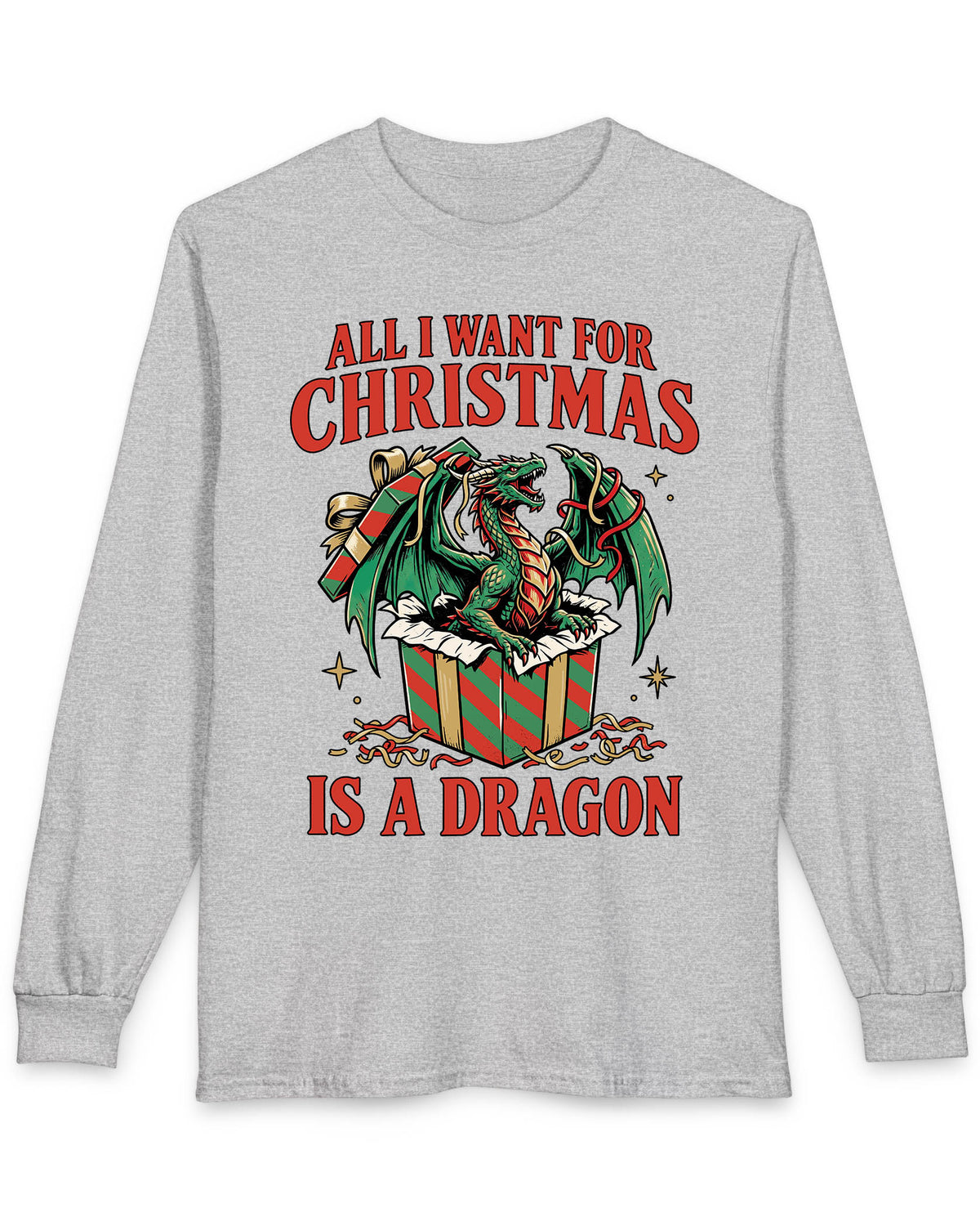 All I Want for Christmas shirt in sport grey featuring a green dragon emerging from a red and green wrapped gift box