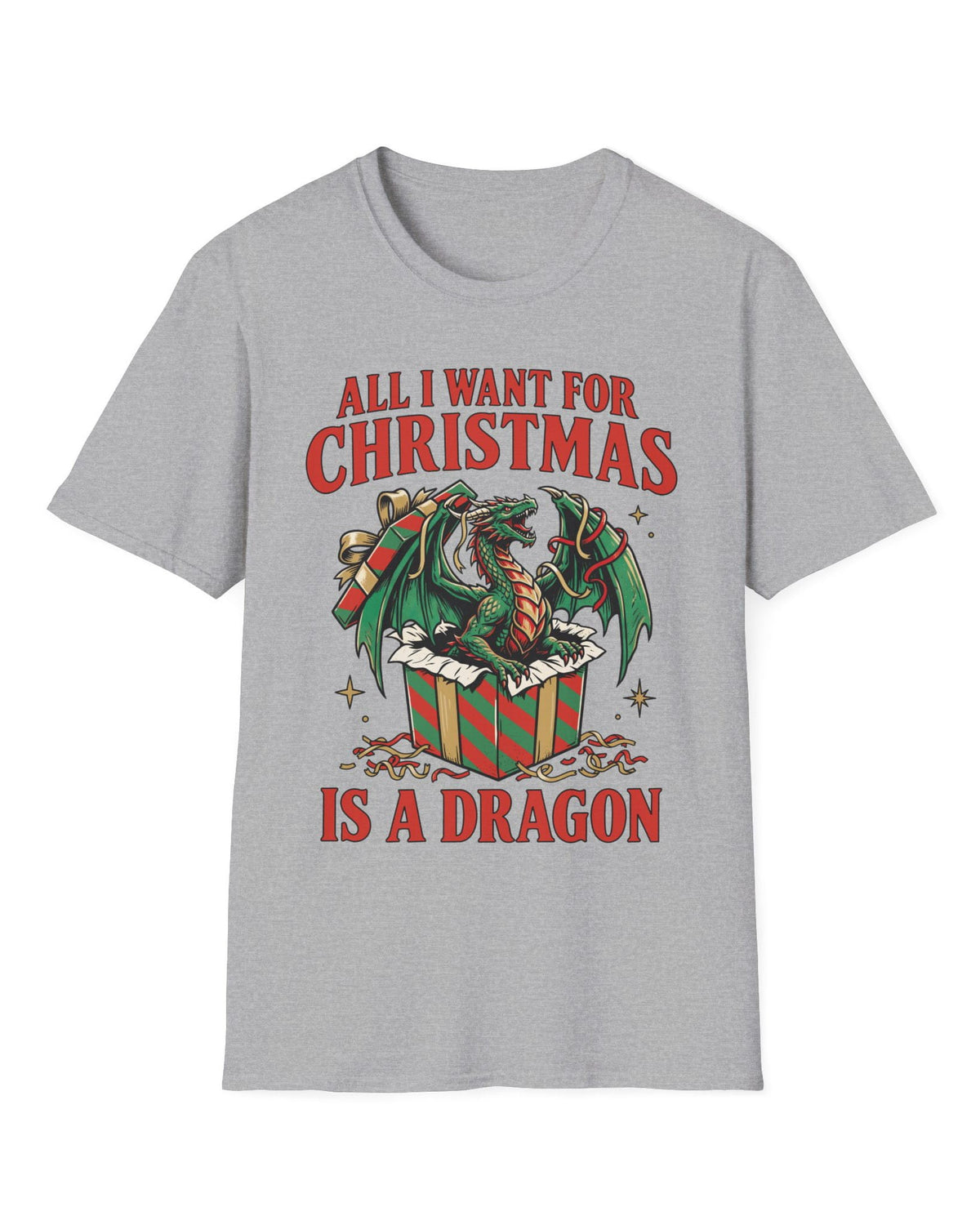 All I Want for Christmas shirt in sport grey featuring a green dragon emerging from a red and green wrapped gift box