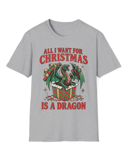 All I Want for Christmas shirt in sport grey featuring a green dragon emerging from a red and green wrapped gift box