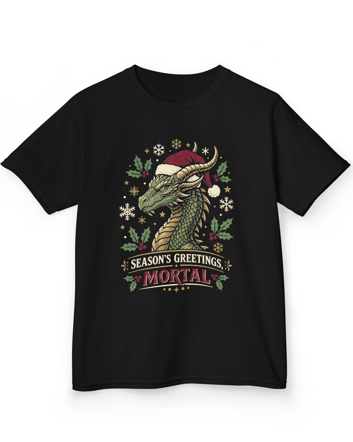 Season's Greetings, Mortal shirt in black featuring a green dragon in a Santa hat with holly and snowflakes