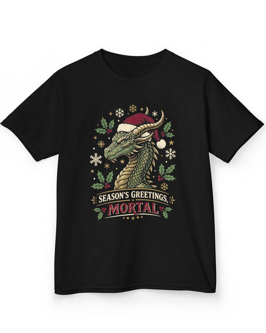 Season's Greetings, Mortal shirt in black featuring a green dragon in a Santa hat with holly and snowflakes