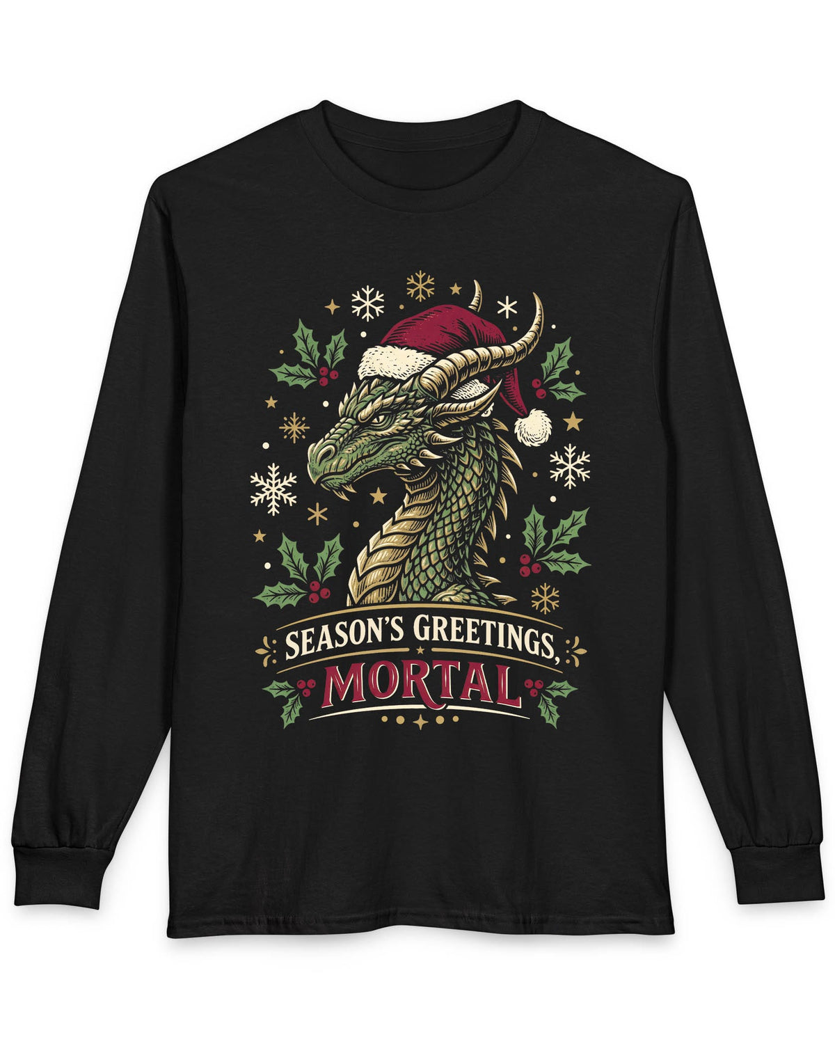 Season's Greetings, Mortal shirt in black featuring a green dragon in a Santa hat with holly and snowflakes