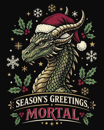 Season's Greetings, Mortal shirt in black featuring a green dragon in a Santa hat with holly and snowflakes