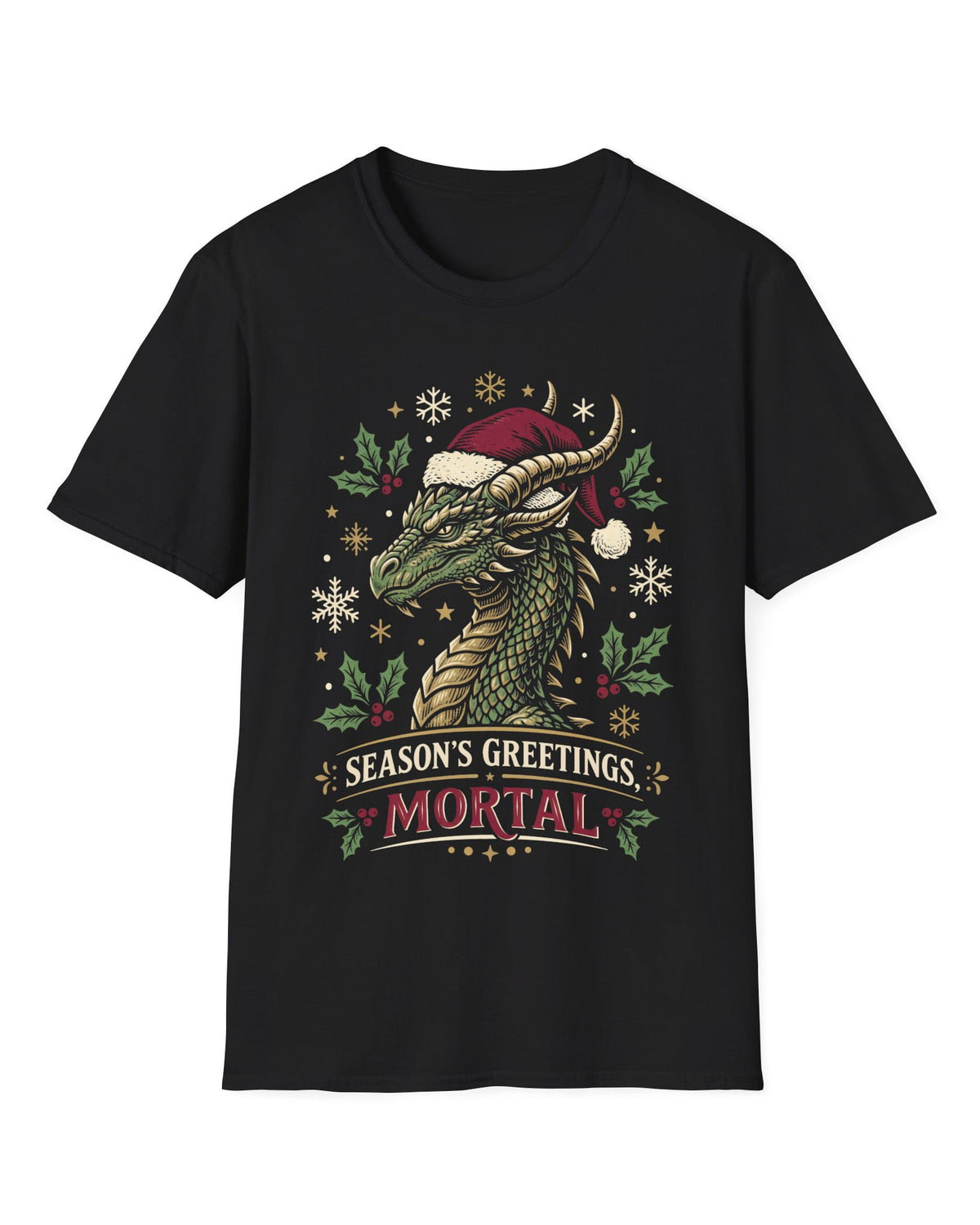 Season's Greetings, Mortal shirt in black featuring a green dragon in a Santa hat with holly and snowflakes