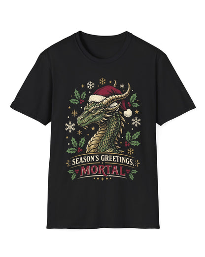 Season's Greetings, Mortal shirt in black featuring a green dragon in a Santa hat with holly and snowflakes