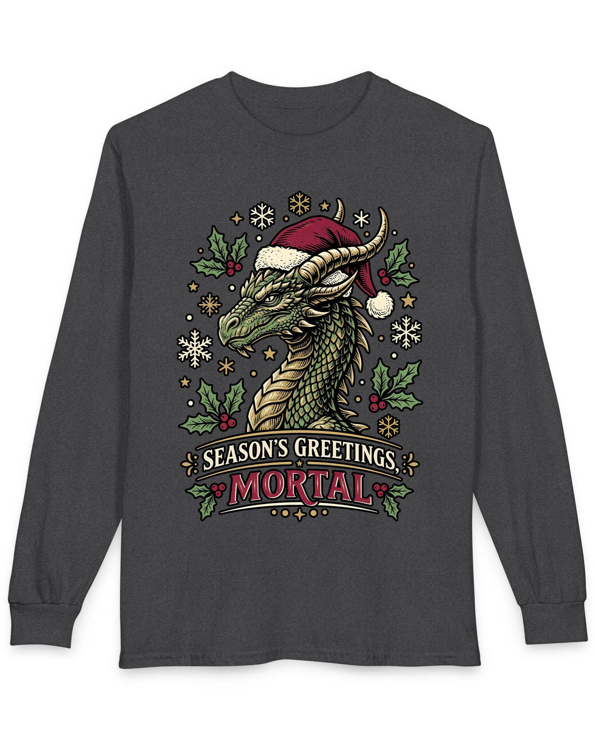 Season's Greetings, Mortal shirt in dark heather featuring a green dragon in a Santa hat with holly and snowflakes