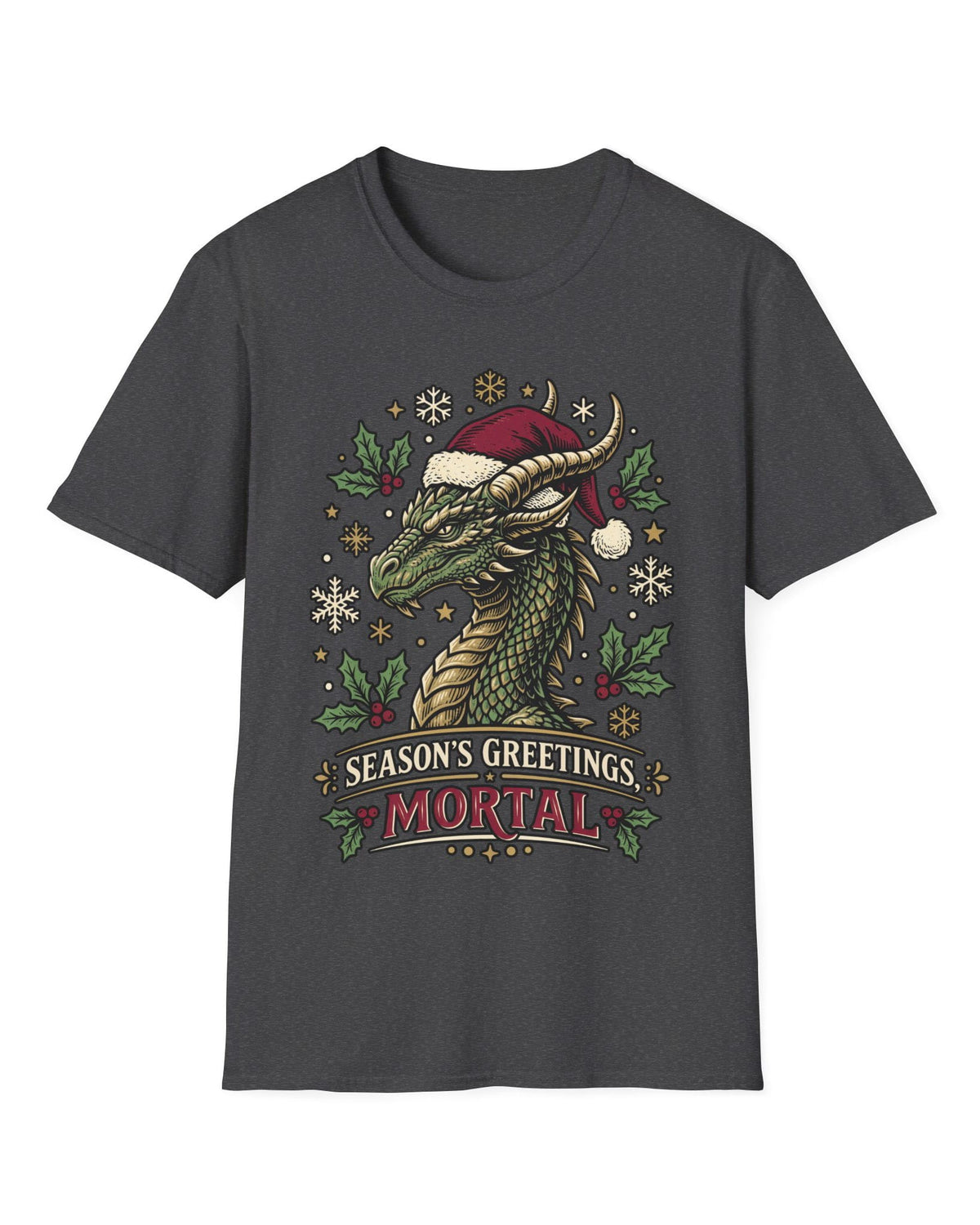 Season's Greetings, Mortal shirt in dark heather featuring a green dragon in a Santa hat with holly and snowflakes