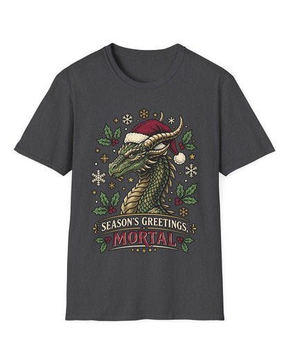 Season's Greetings, Mortal shirt in dark heather featuring a green dragon in a Santa hat with holly and snowflakes