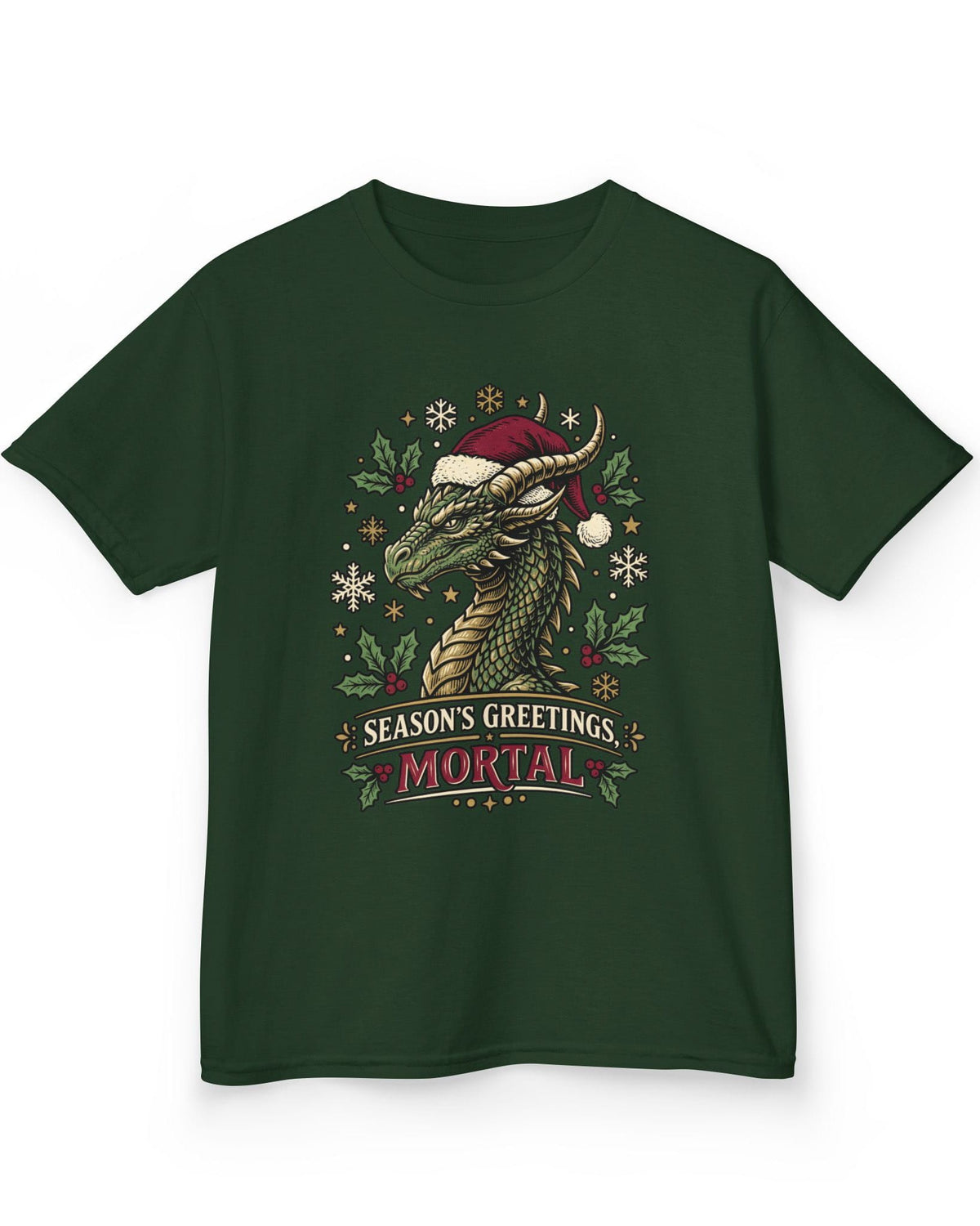 Season's Greetings, Mortal shirt in forest green featuring a green dragon in a Santa hat with holly and snowflakes