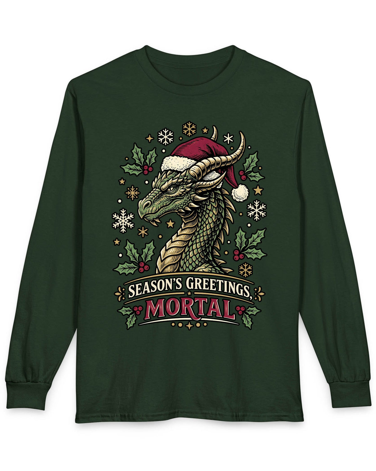 Season's Greetings, Mortal shirt in forest green featuring a green dragon in a Santa hat with holly and snowflakes