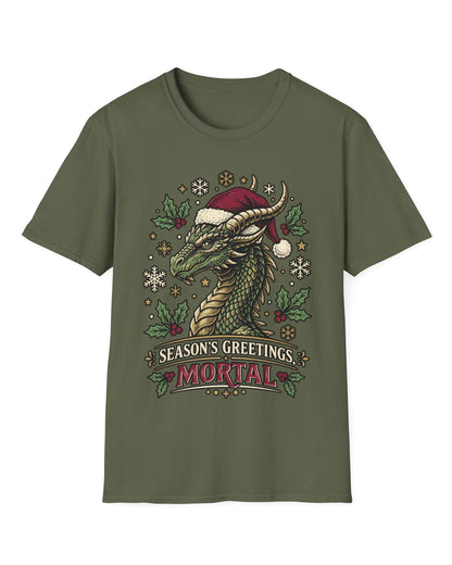 Season's Greetings, Mortal shirt in military green featuring a green dragon in a Santa hat with holly and snowflakes