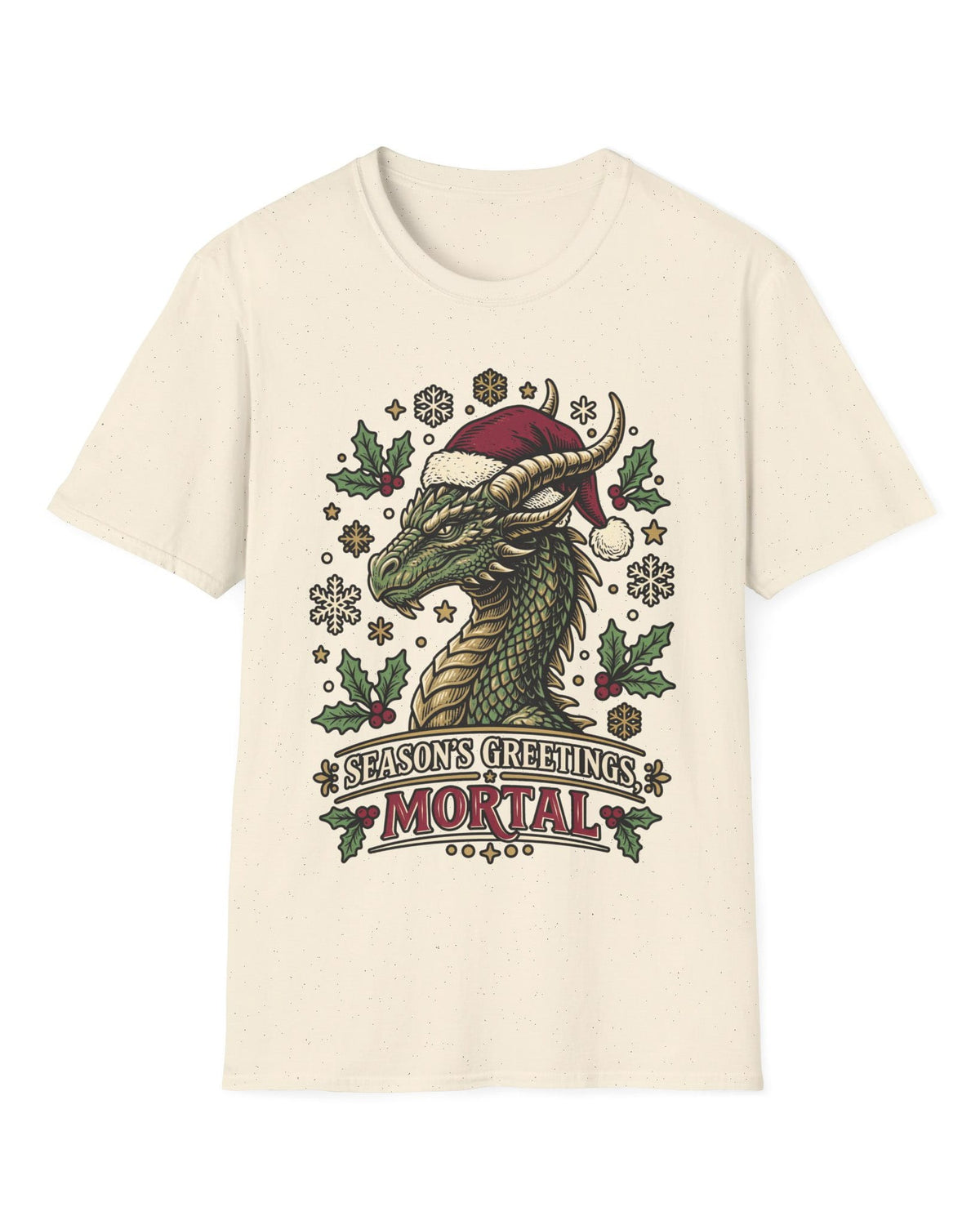 Season's Greetings, Mortal shirt in natural featuring a green dragon in a Santa hat with holly and snowflakes