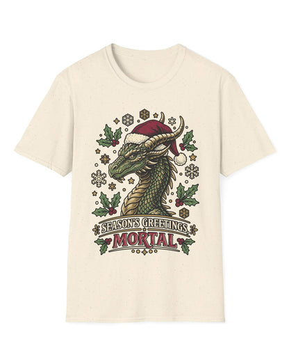 Season's Greetings, Mortal shirt in natural featuring a green dragon in a Santa hat with holly and snowflakes