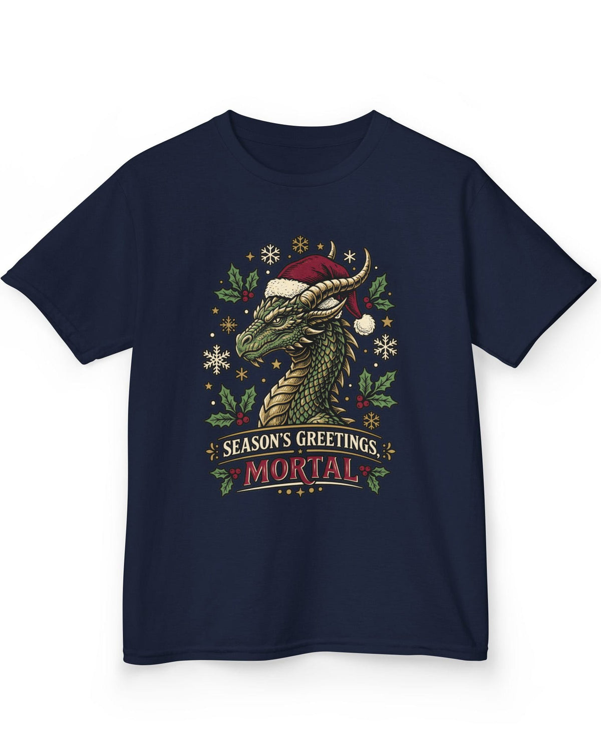 Season's Greetings, Mortal shirt in navy featuring a green dragon in a Santa hat with holly and snowflakes