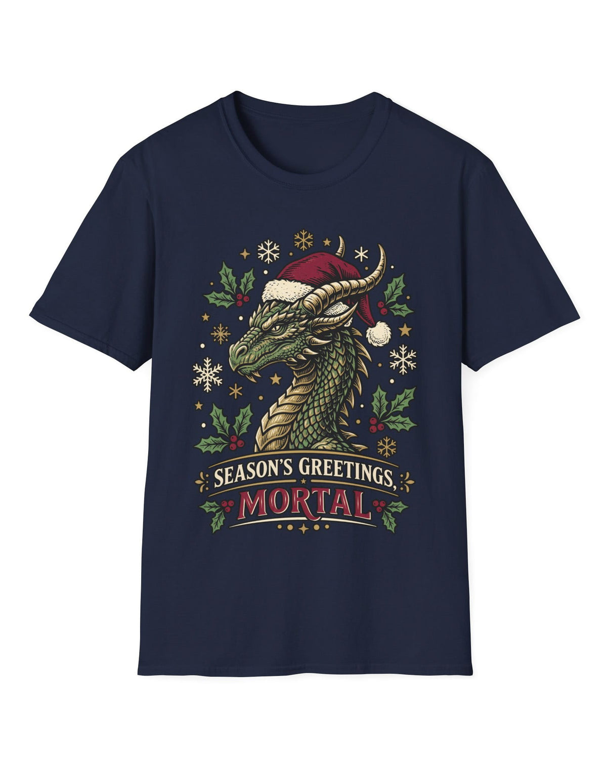 Season's Greetings, Mortal shirt in navy featuring a green dragon in a Santa hat with holly and snowflakes