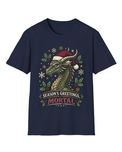 Season's Greetings, Mortal shirt in navy featuring a green dragon in a Santa hat with holly and snowflakes